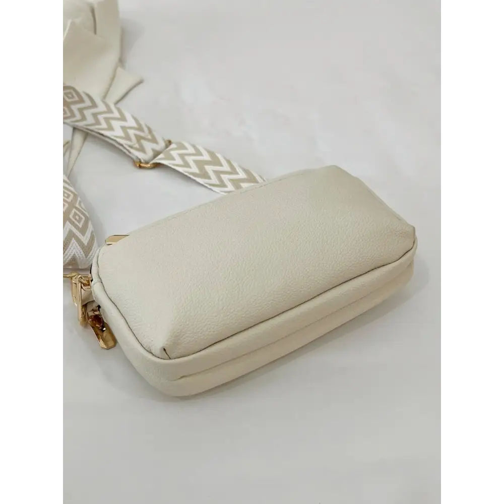 Chic Cream Leather Single Strap Crossbody Bag with Patterned Strap