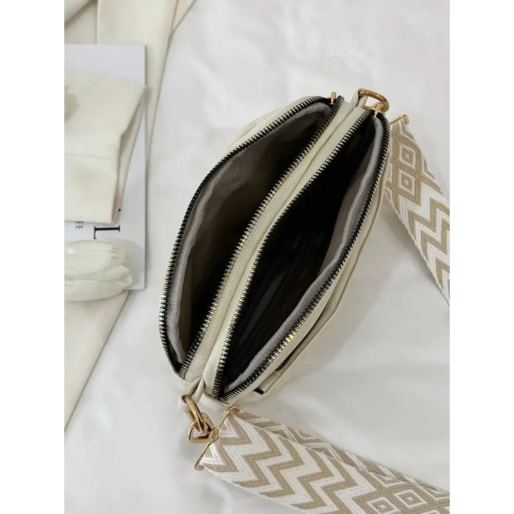 Chic Cream Leather Single Strap Crossbody Bag with Patterned Strap