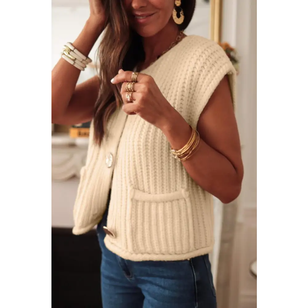 Chic Cream Textured Knit Sweater Vest with Buttoned Pockets