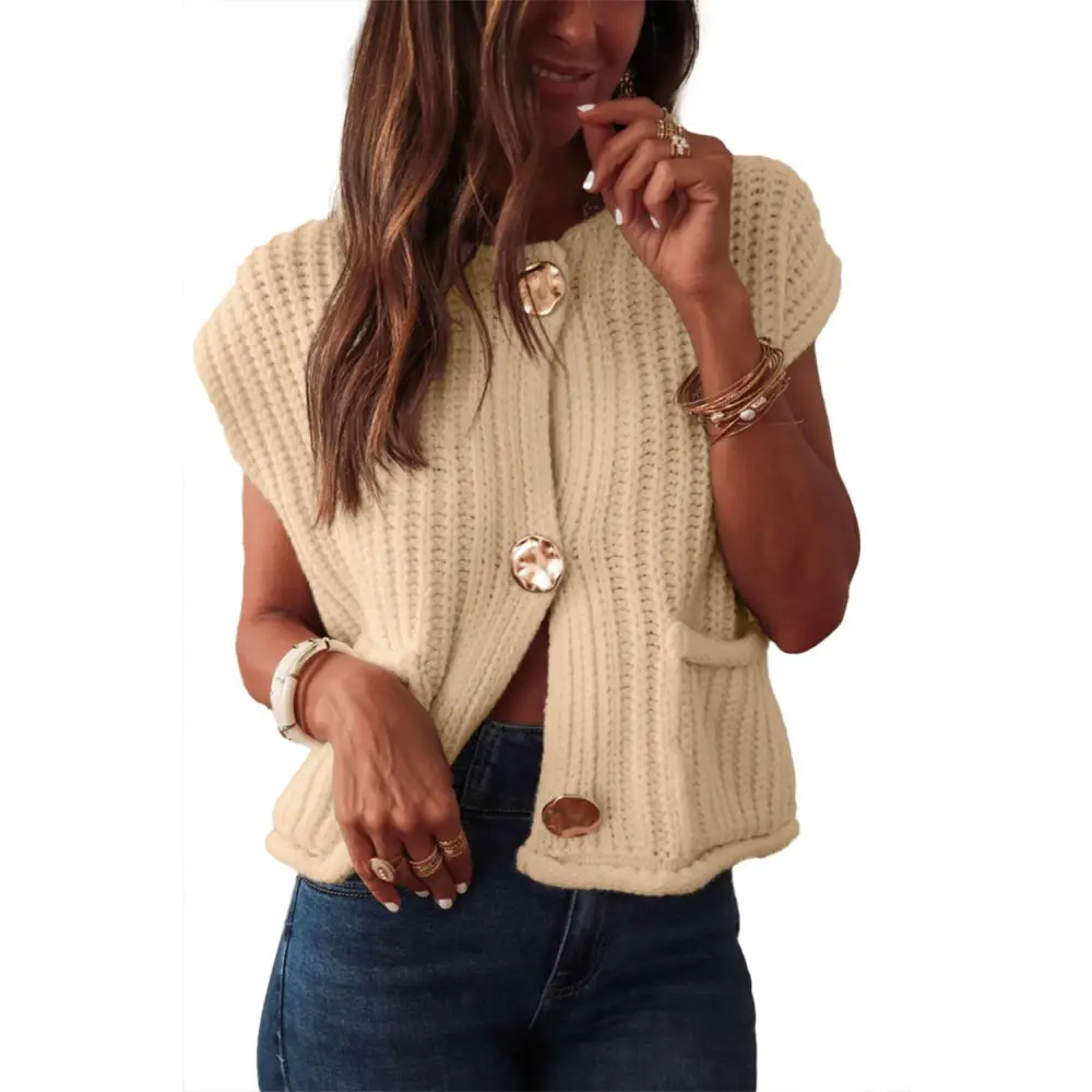 Chic Cream Textured Knit Sweater Vest with Buttoned Pockets