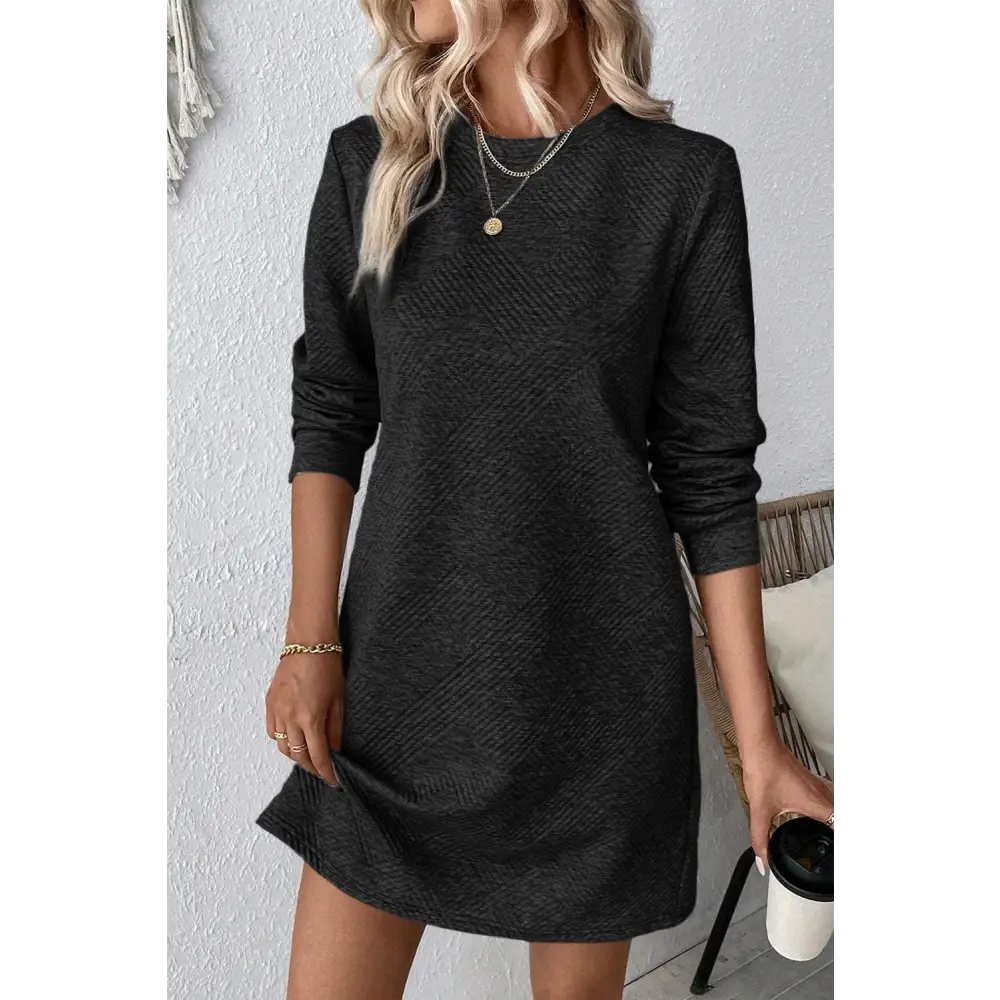 Chic Gray Solid Color Textured Long Sleeve Shift Short Dress