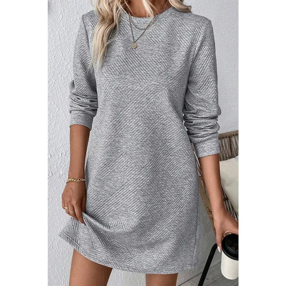 Chic Gray Solid Color Textured Long Sleeve Shift Short Dress