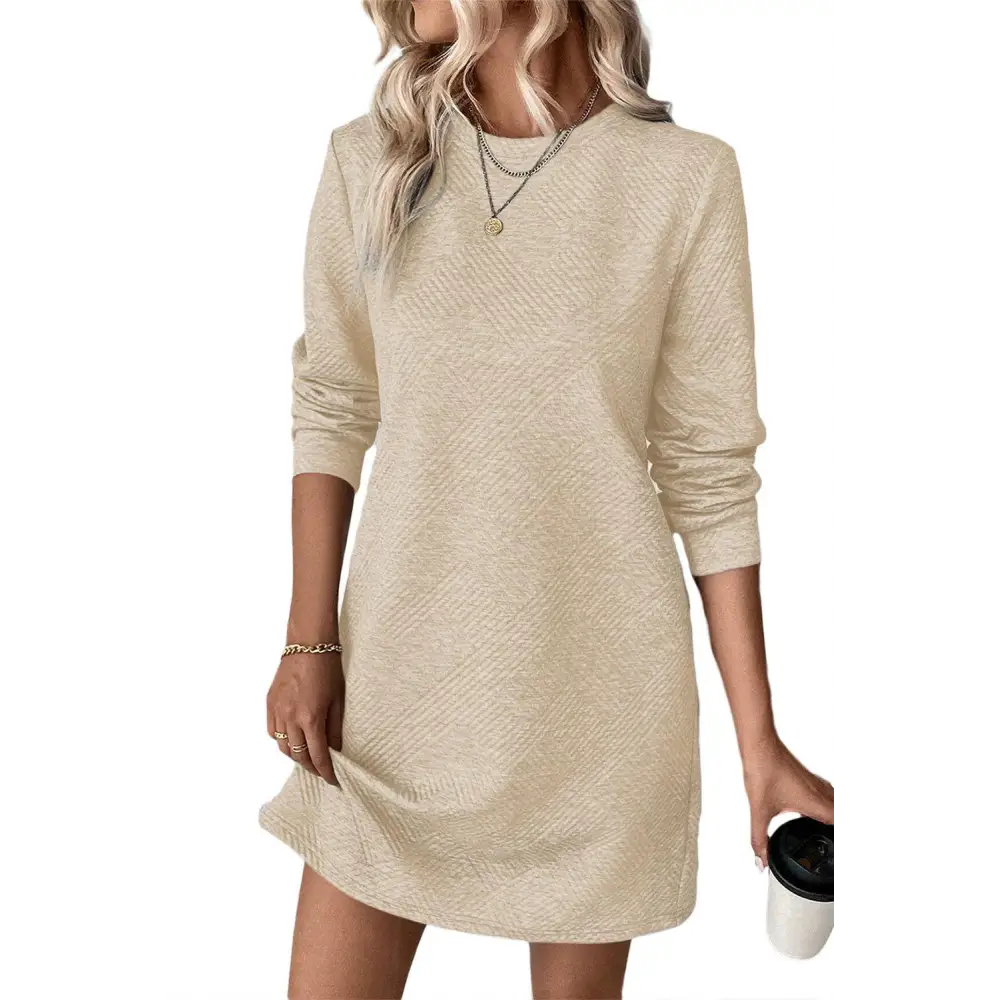 Chic Gray Solid Color Textured Long Sleeve Shift Short Dress