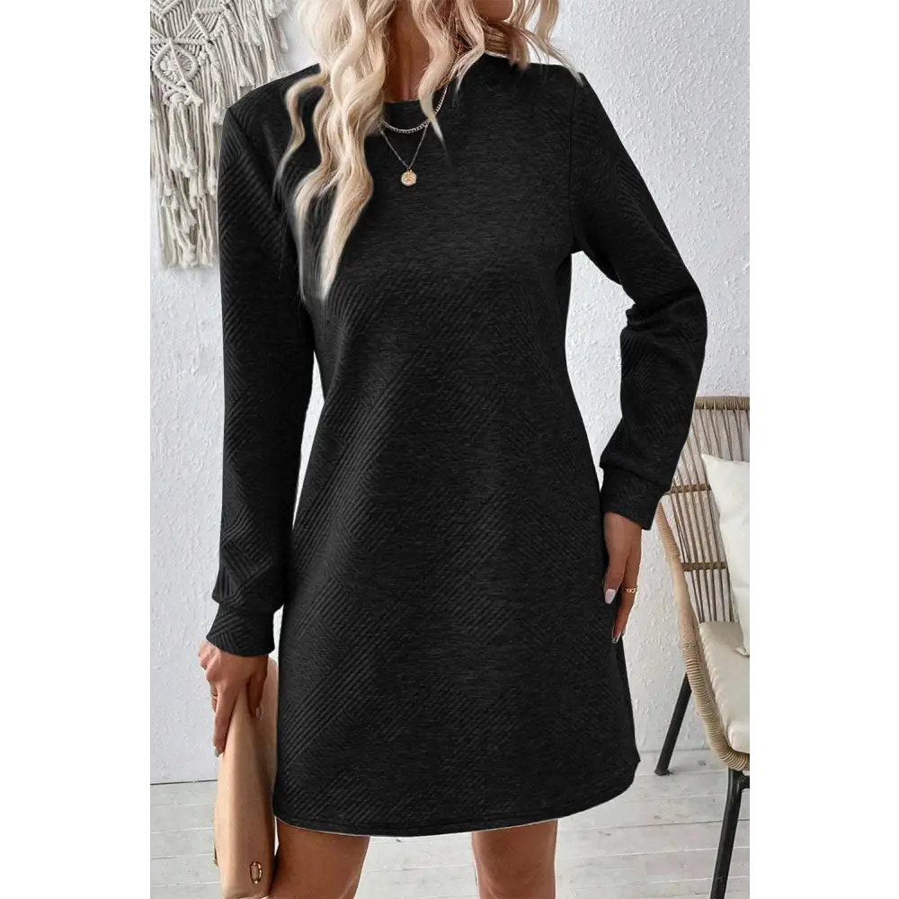 Chic Gray Solid Color Textured Long Sleeve Shift Short Dress