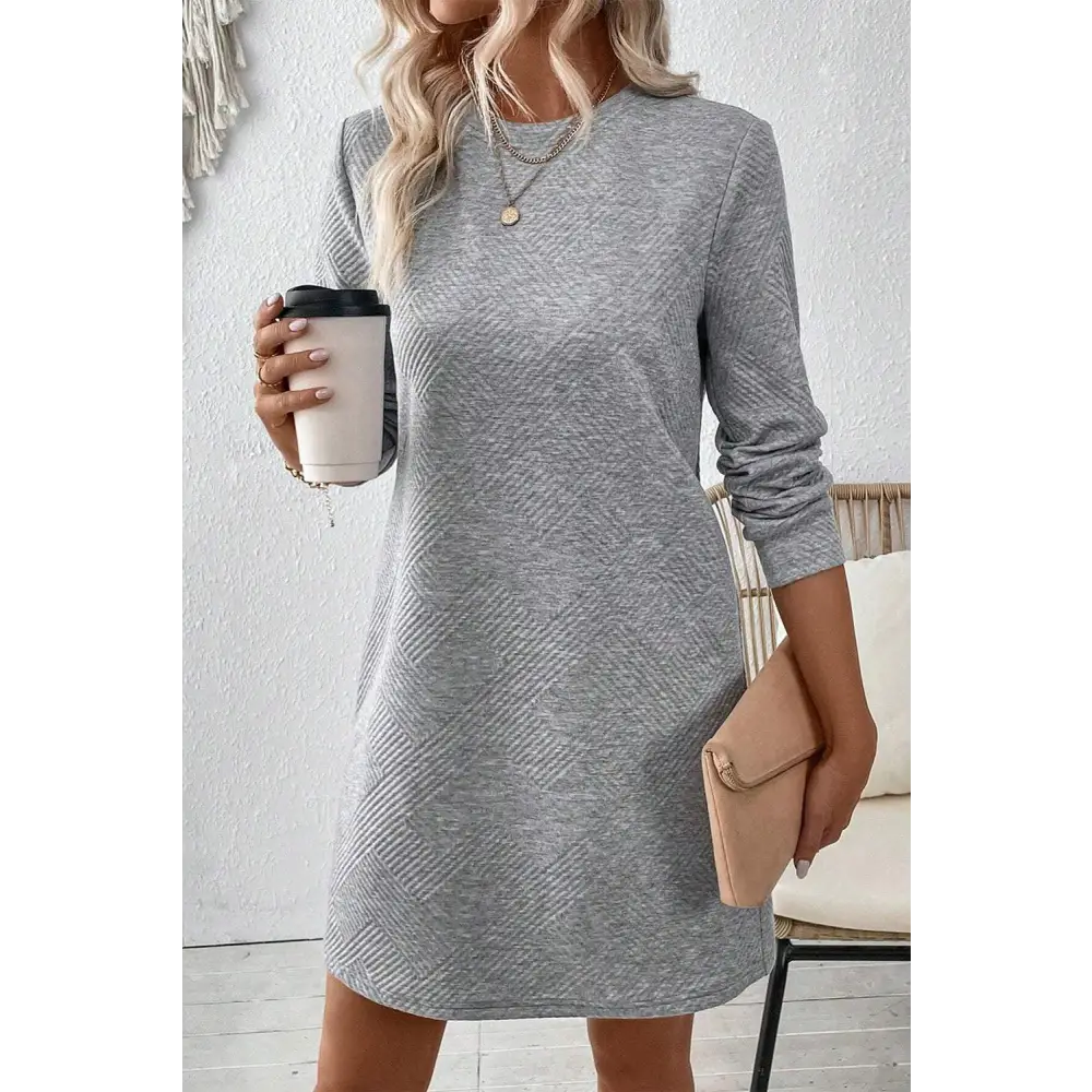 Chic Gray Solid Color Textured Long Sleeve Shift Short Dress