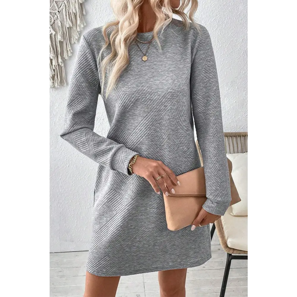 Chic Gray Solid Color Textured Long Sleeve Shift Short Dress