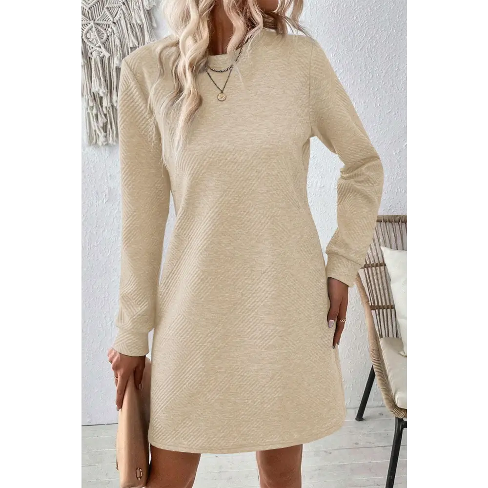 Chic Gray Solid Color Textured Long Sleeve Shift Short Dress