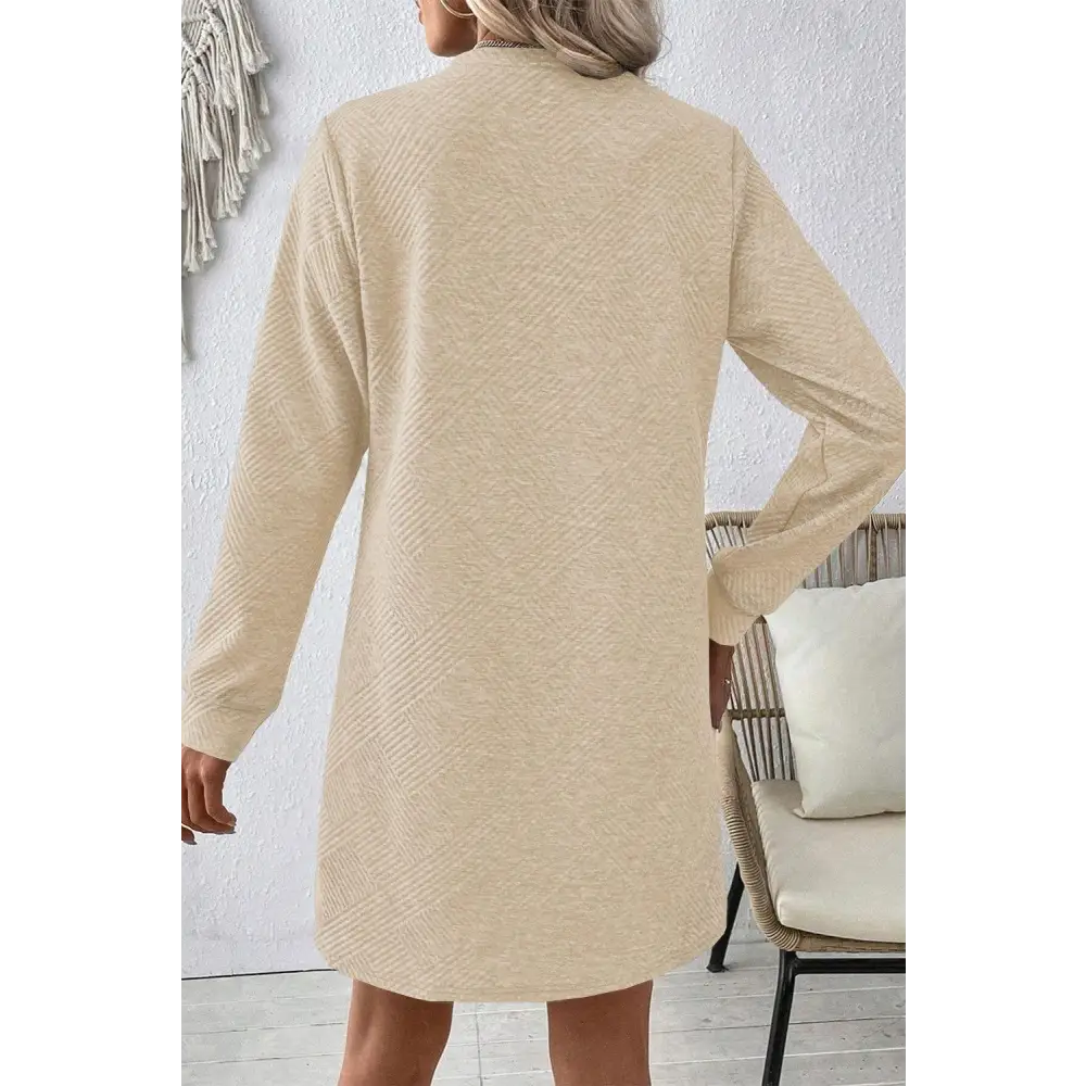 Chic Gray Solid Color Textured Long Sleeve Shift Short Dress