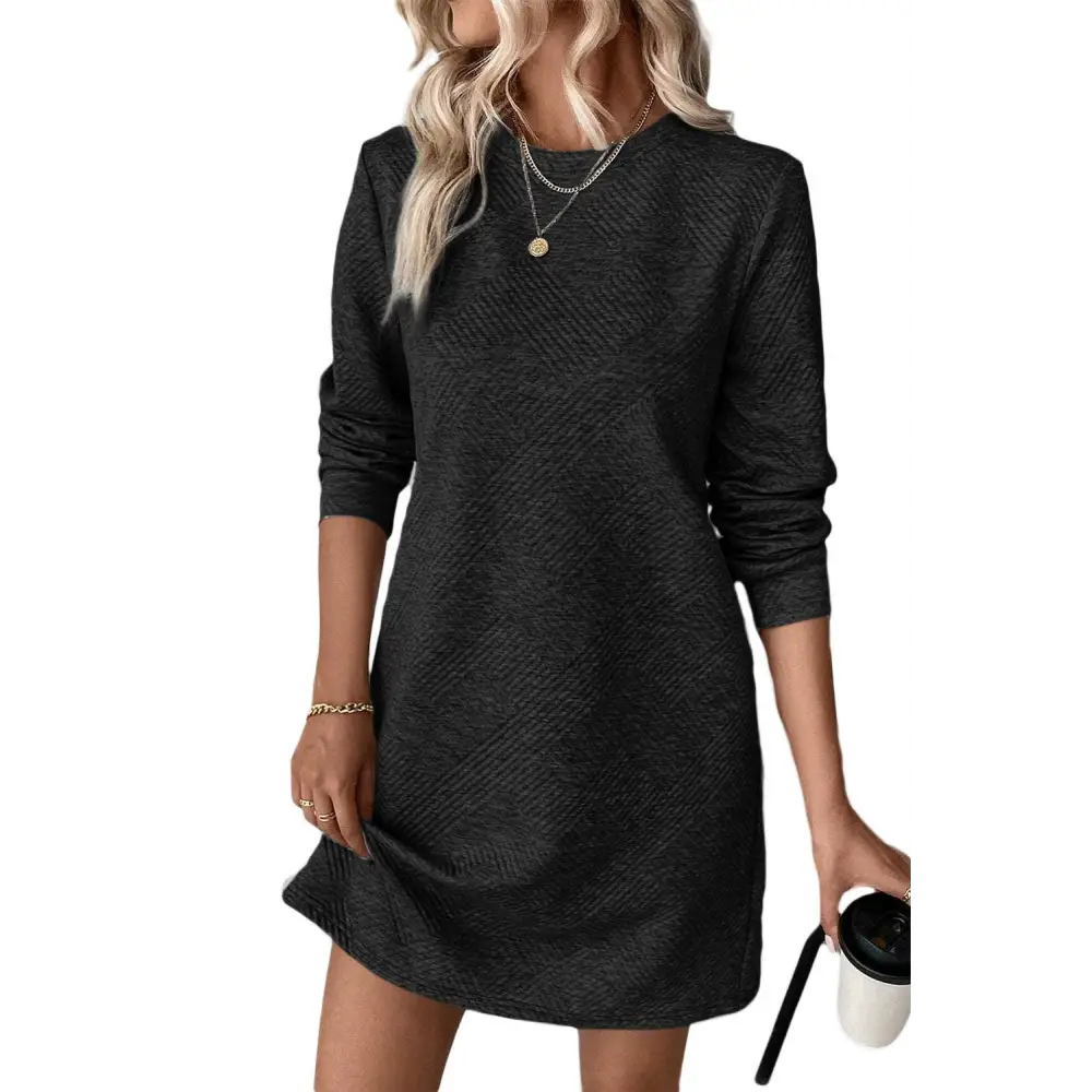 Chic Gray Solid Color Textured Long Sleeve Shift Short Dress