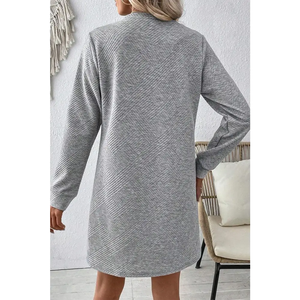 Chic Gray Solid Color Textured Long Sleeve Shift Short Dress