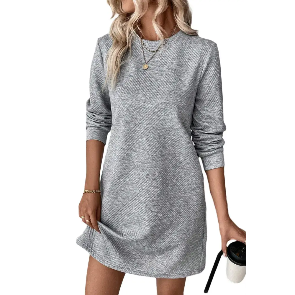 Chic Gray Solid Color Textured Long Sleeve Shift Short Dress