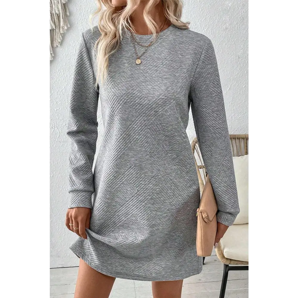 Chic Gray Solid Color Textured Long Sleeve Shift Short Dress