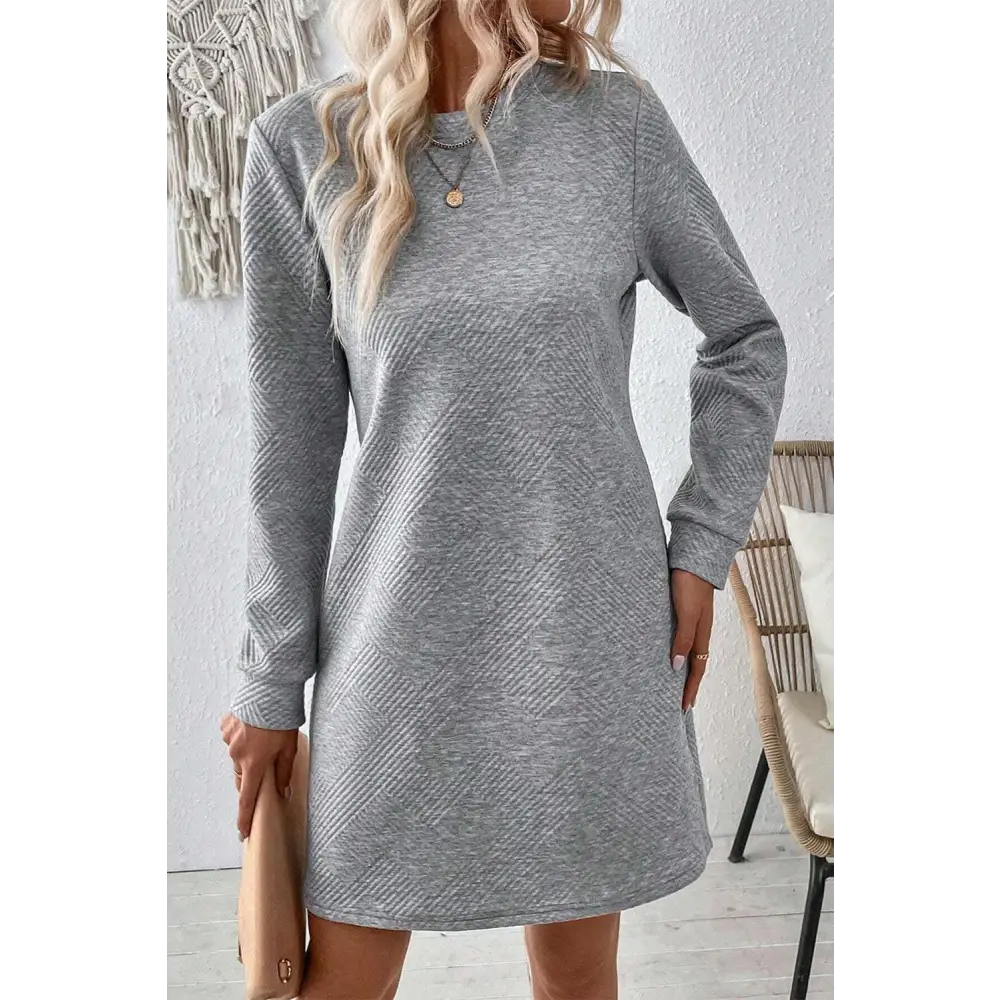 Chic Gray Solid Color Textured Long Sleeve Shift Short Dress