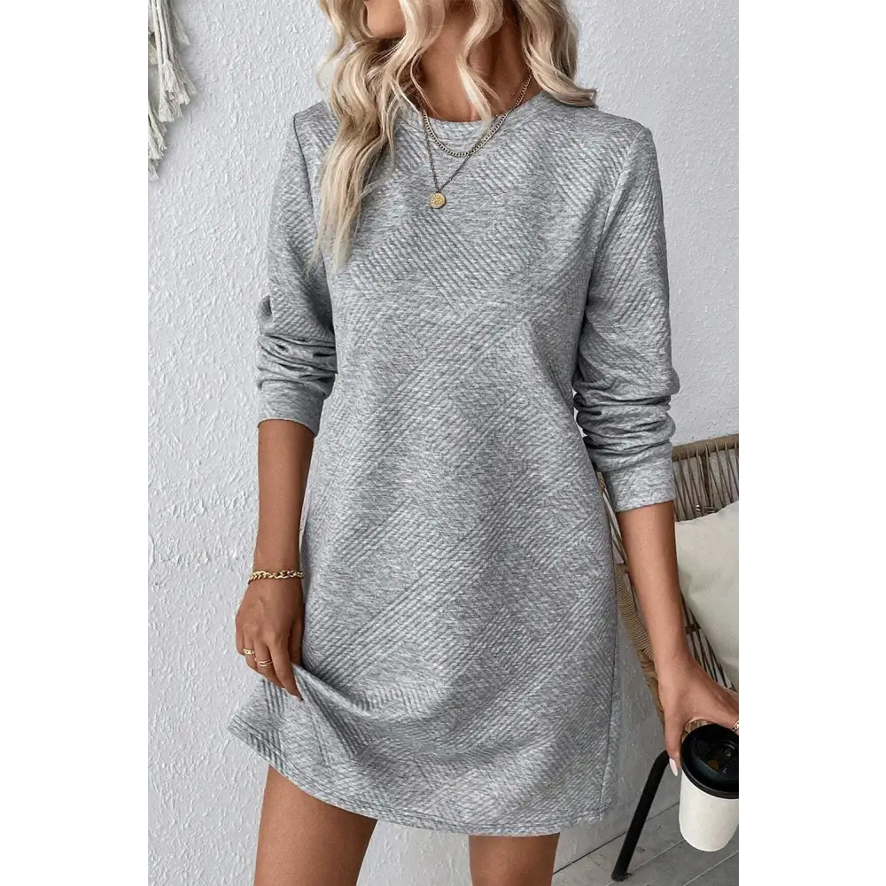 Chic Gray Solid Color Textured Long Sleeve Shift Short Dress