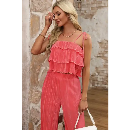 Chic Layered Tie Shoulder Top and Wide Leg Pants Set