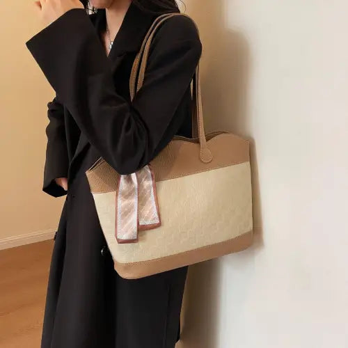 Chic Leather Tied Contrast Tote Bag with Elegant Scarf Accent