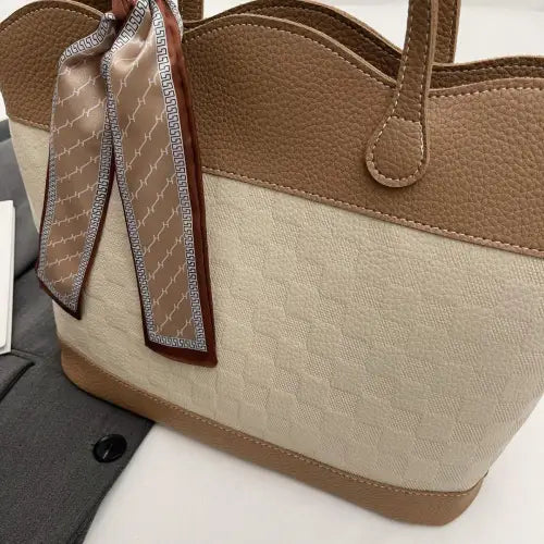 Chic Leather Tied Contrast Tote Bag with Elegant Scarf Accent