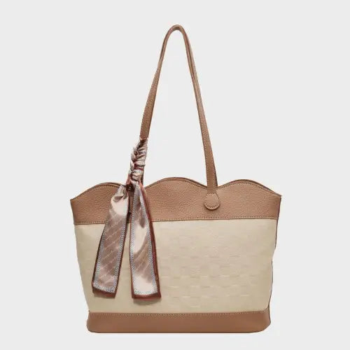 Chic Leather Tied Contrast Tote Bag with Elegant Scarf Accent