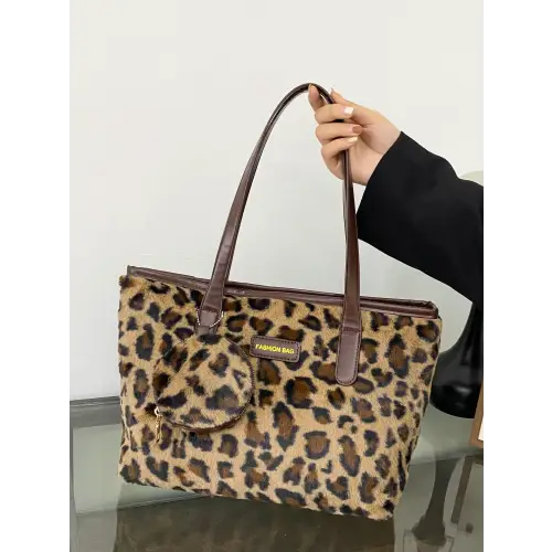 Chic Leopard Faux Fur Tote Bag with Coin Purse for Stylish Adventures