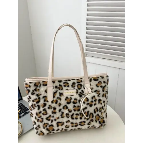 Chic Leopard Faux Fur Tote Bag with Coin Purse for Stylish Adventures