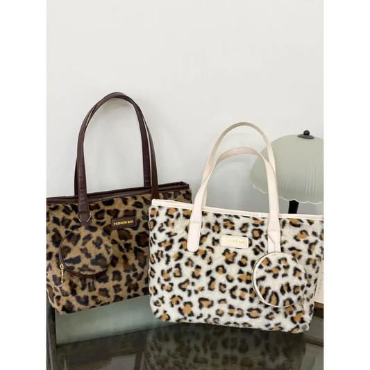 Leopard Faux Fur Tote Bag with Coin Purse - CM Fashion