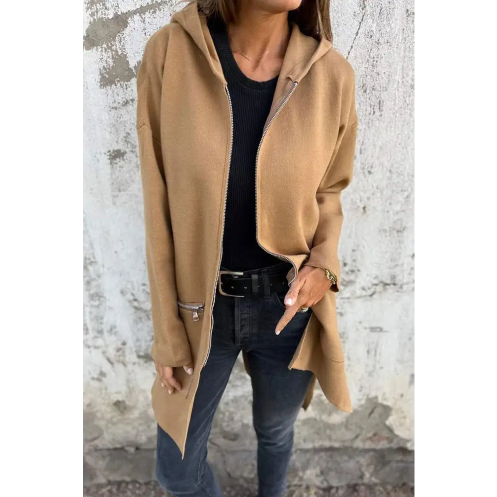 Chic Light French Beige Casual Zipper Hooded Cardigan for Effortless Style