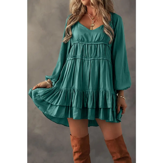 Chic Mist Green Puff Sleeve Loose Fit Tiered Ruffle Mini Dress Mist Green / XL