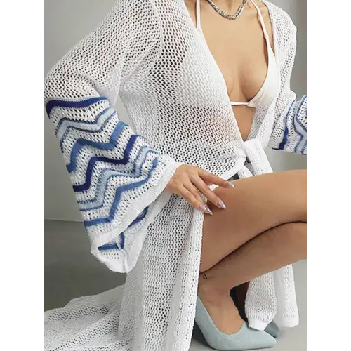 Chic Openwork Striped Flare Sleeve Cover-Up for Beach Glamour