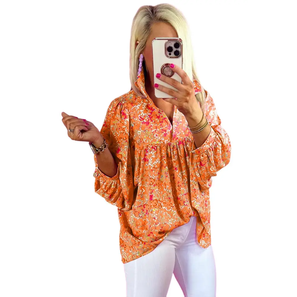 Chic Orange Abstract Print Loose Fit Neck Babydoll Blouse with Ruffles