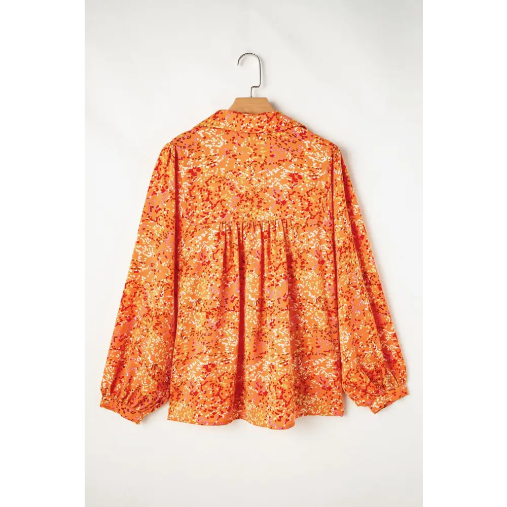 Chic Orange Abstract Print Loose Fit Neck Babydoll Blouse with Ruffles