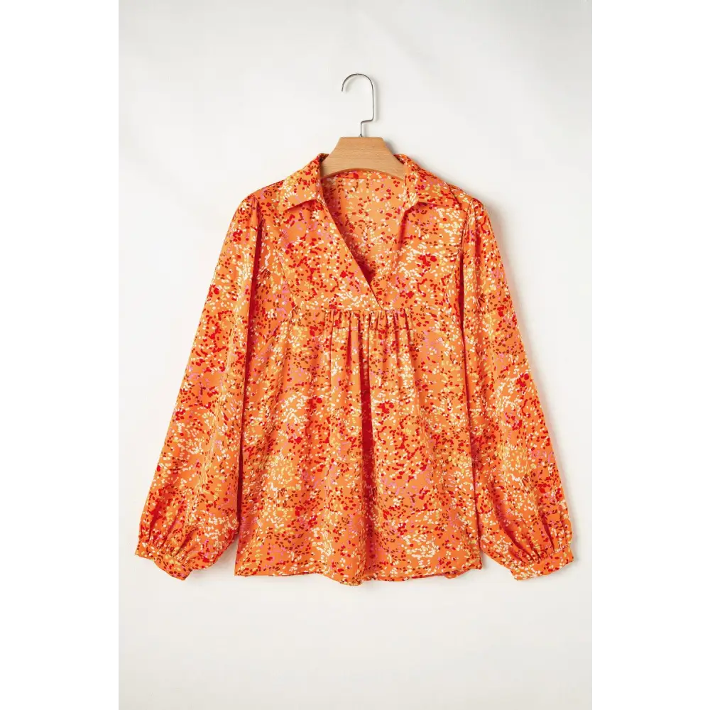 Chic Orange Abstract Print Loose Fit Neck Babydoll Blouse with Ruffles