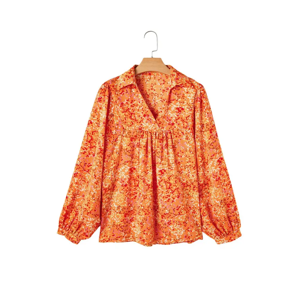 Chic Orange Abstract Print Loose Fit Neck Babydoll Blouse with Ruffles