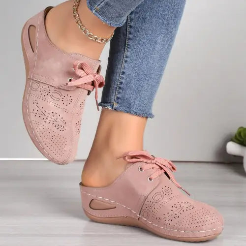 Pink Lace-Up Round Toe Wedge Sandals