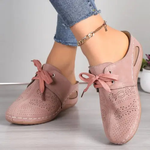 Pink Lace-Up Round Toe Wedge Sandals