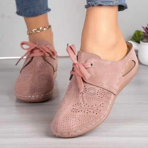 Pink Lace-Up Round Toe Wedge Sandals