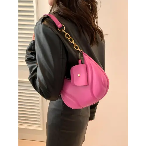 Chic Pink Leather Shoulder Bag with Gold Chain and EarPods Bag