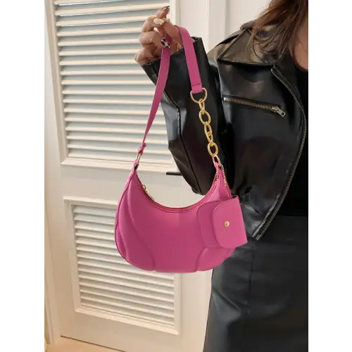 Chic Pink Leather Shoulder Bag with Gold Chain and EarPods Bag