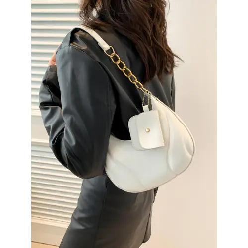 Chic Pink Leather Shoulder Bag with Gold Chain and EarPods Bag