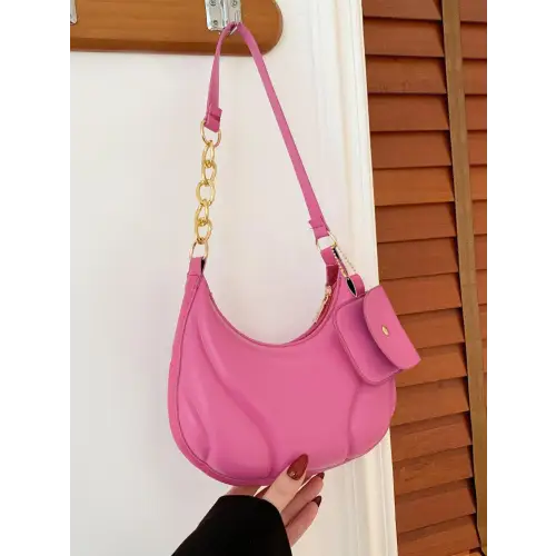 Chic Pink Leather Shoulder Bag with Gold Chain and EarPods Bag