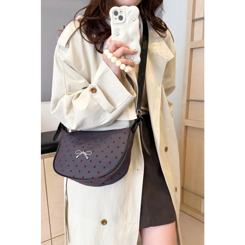 Chic Polka-Dotted Bow Crossbody Bag with Polyester Printed Adjustable Strap