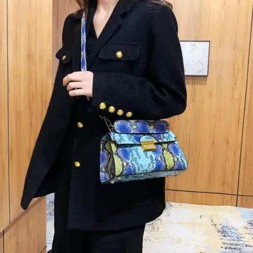 Chic Snakeskin Print Crossbody Bag with Gold Accents