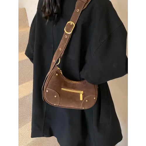 Chic Suede Adjustable Strap Shoulder Bag with Gold Accents