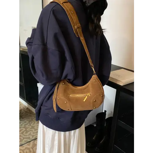Chic Suede Adjustable Strap Shoulder Bag with Gold Accents