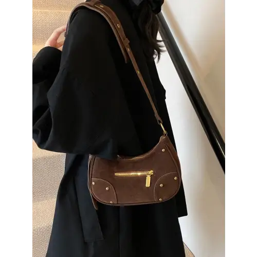 Chic Suede Adjustable Strap Shoulder Bag with Gold Accents