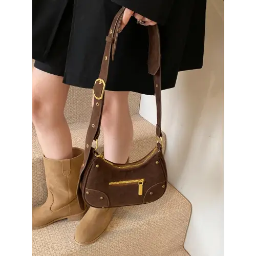 Chic Suede Adjustable Strap Shoulder Bag with Gold Accents