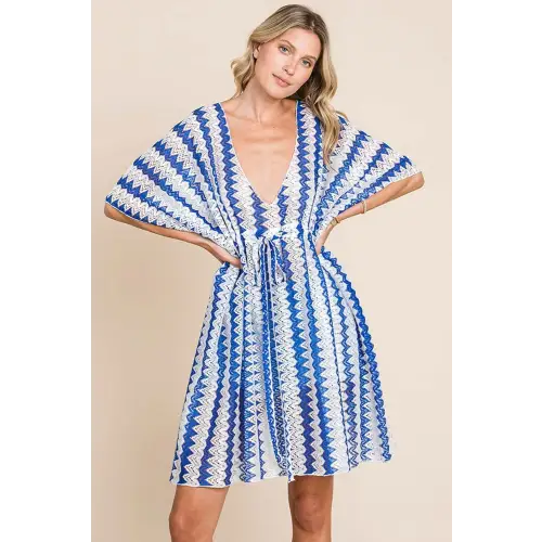 Chic Tied Striped Plunge Half Sleeve Cover-Up for Beach Glamour