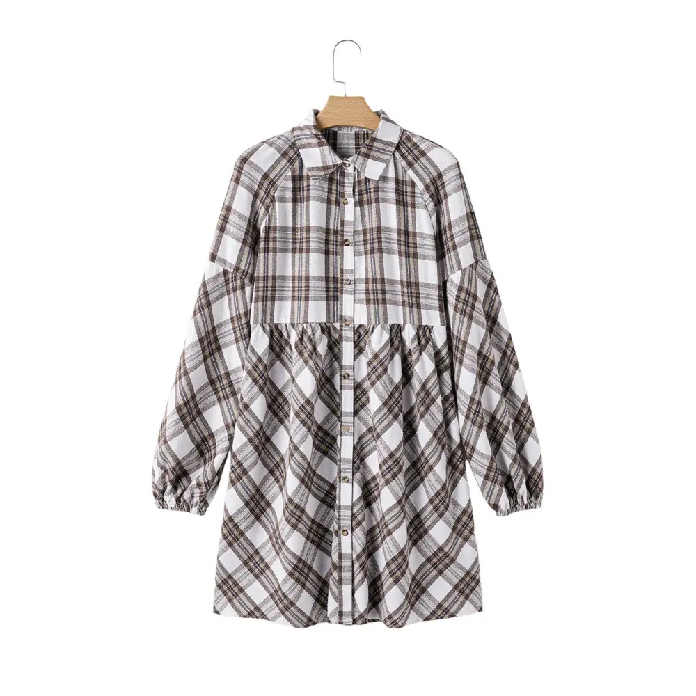 Chic White Plaid Bubble Sleeve Flowy Shirt Dress for Effortless Style