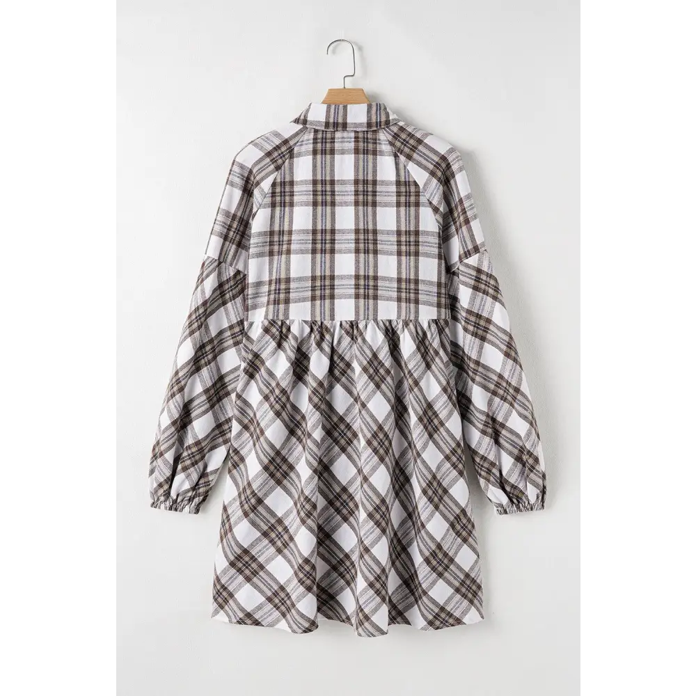 Chic White Plaid Bubble Sleeve Flowy Shirt Dress for Effortless Style