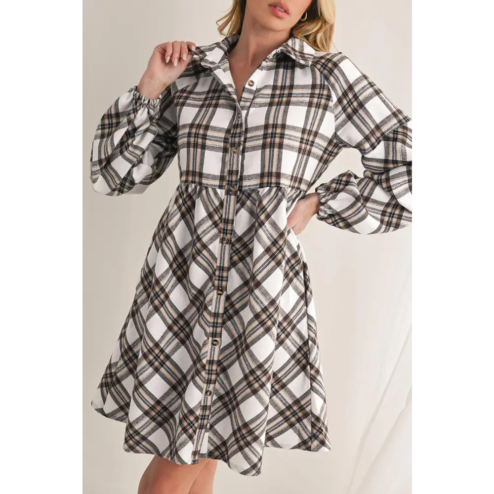 Chic White Plaid Bubble Sleeve Flowy Shirt Dress for Effortless Style