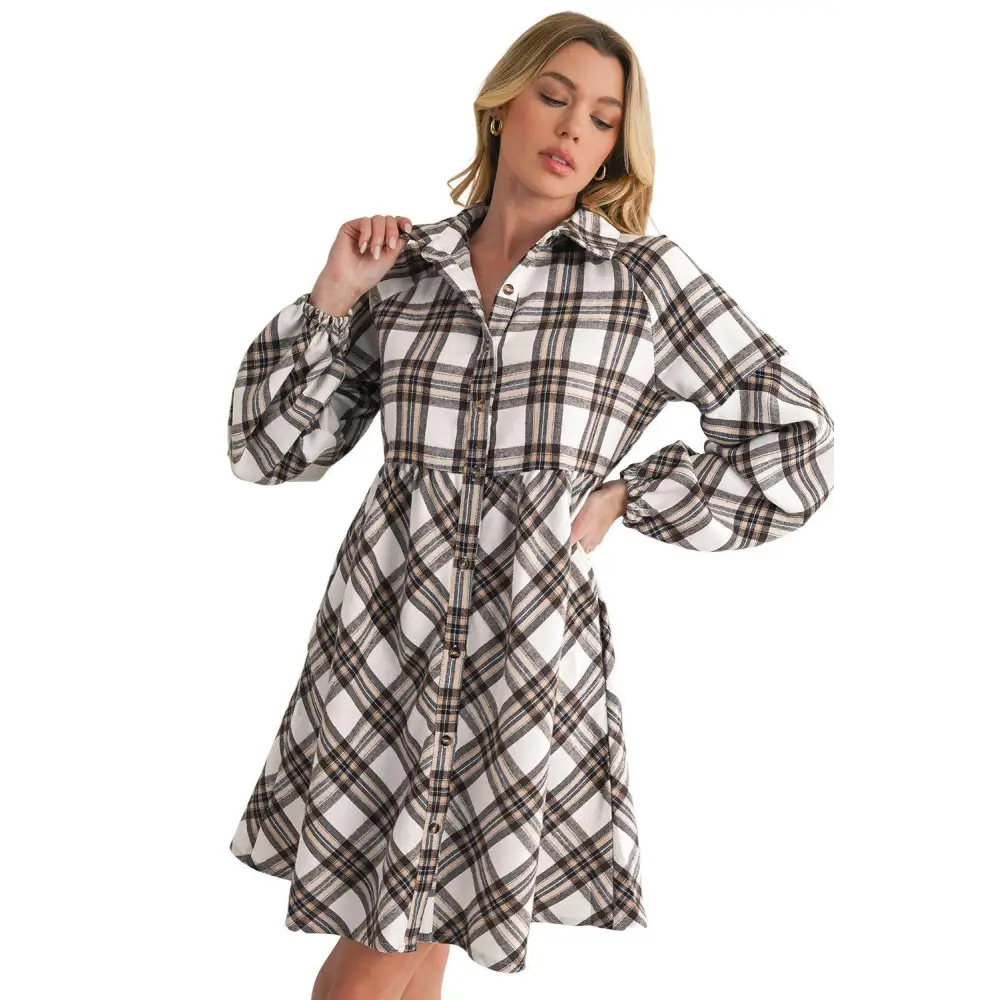 Chic White Plaid Bubble Sleeve Flowy Shirt Dress for Effortless Style